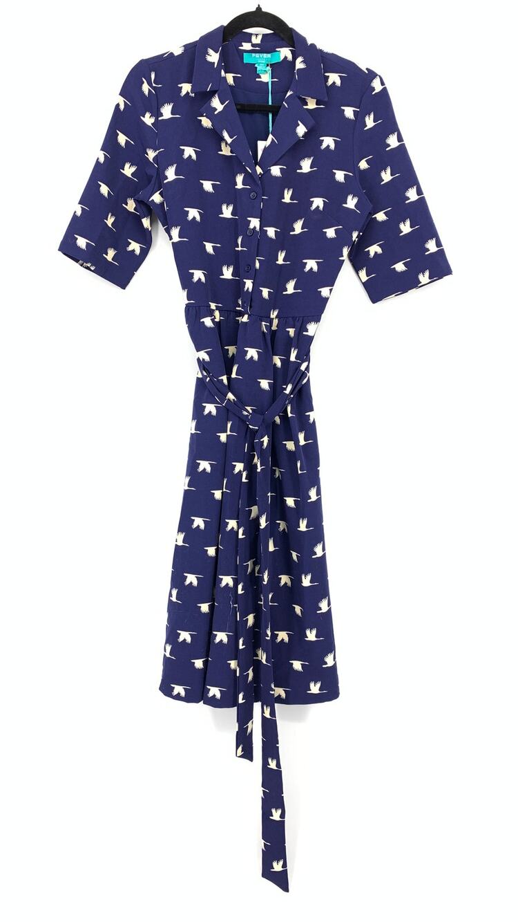Modcloth Fever London Aria Shirt Dress Womens Size 8 Blue White Bird Print *READ